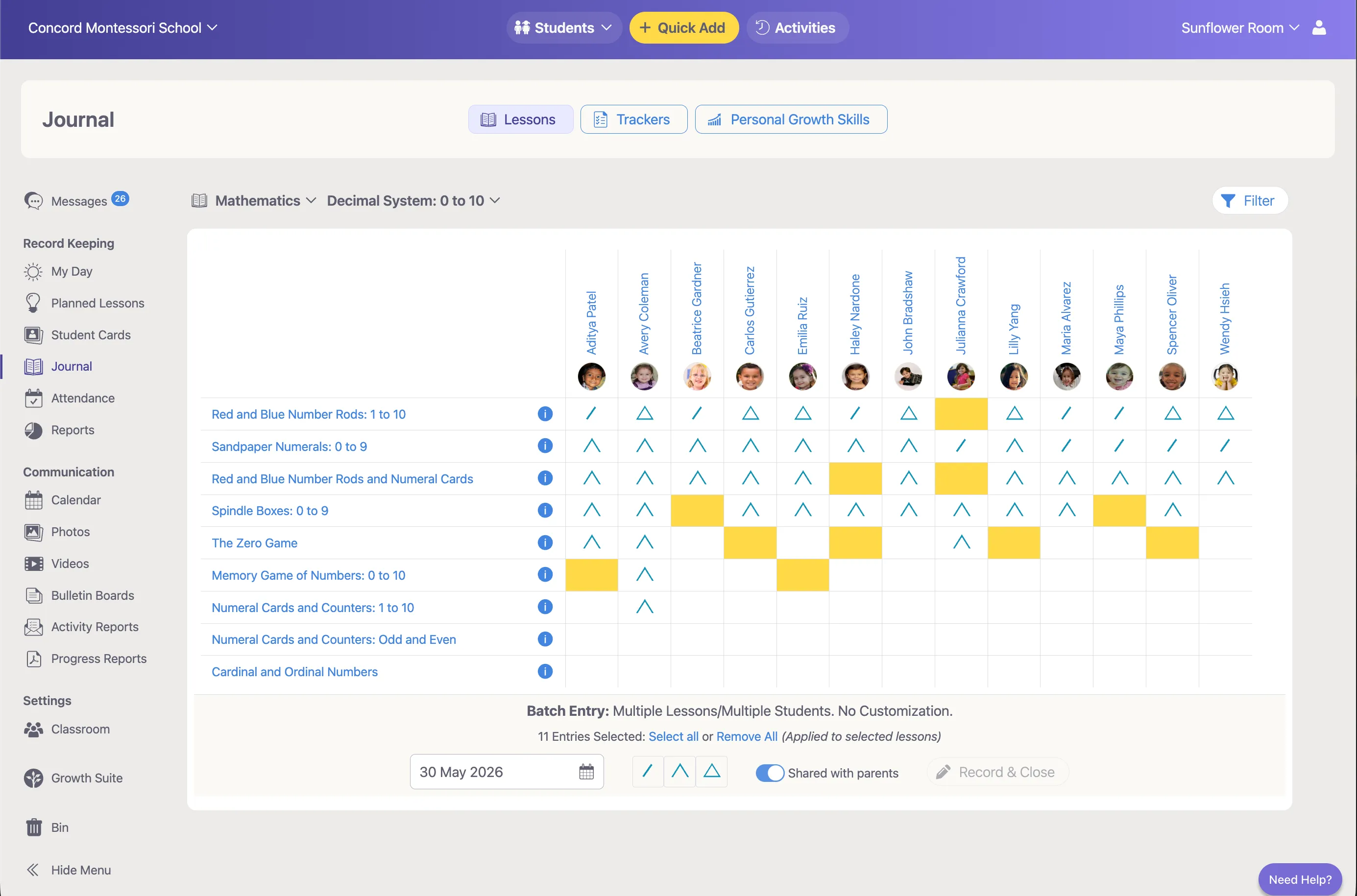 The Montessori Compass journal — recording lessons across a classroom at a glance